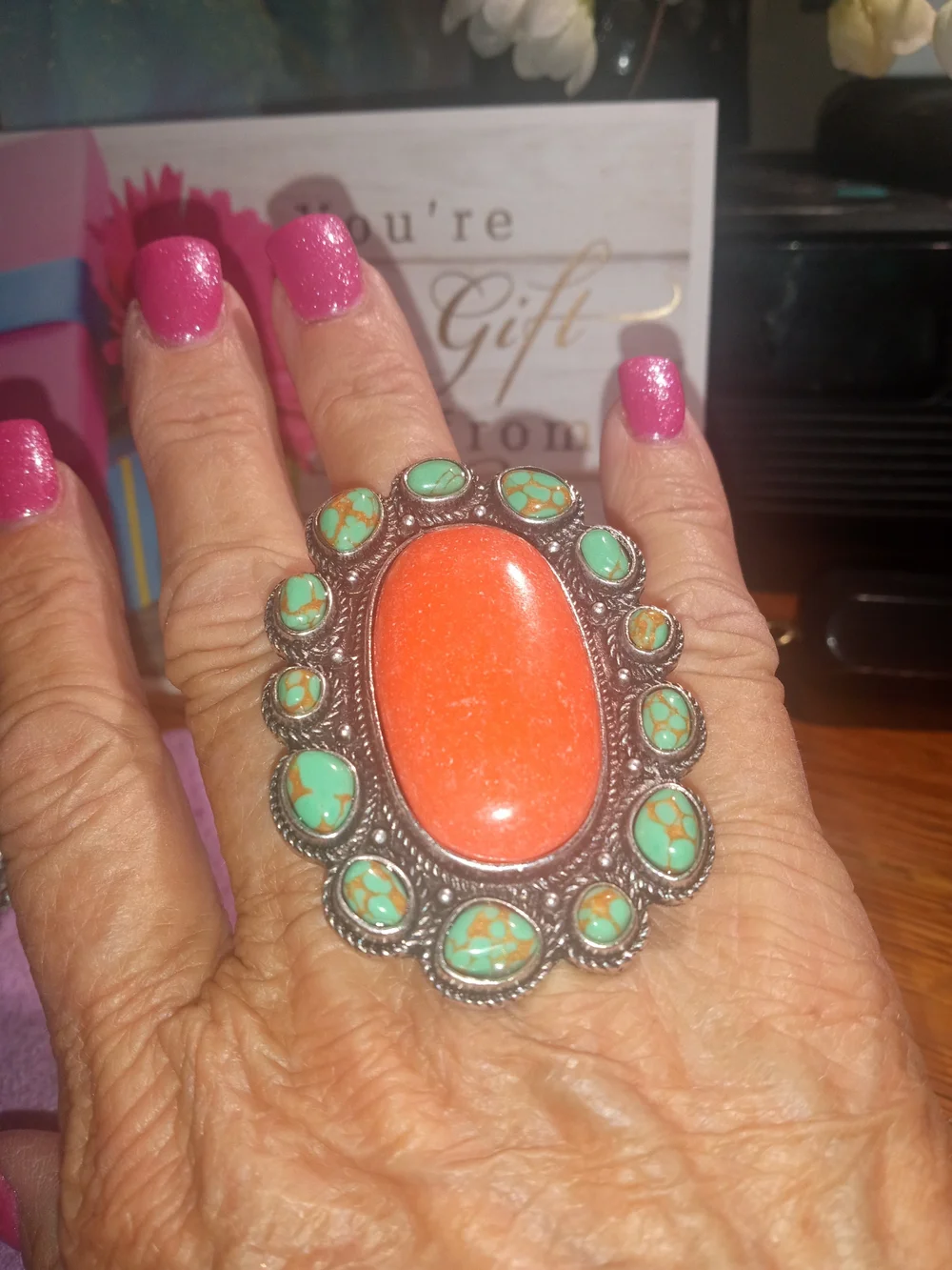 Statement Orange and Faux Turquoise Oval Cocktail Ring